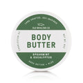 Old Whaling Company Spearmint and Eucalyptus scented body butter with shea butter and aloe in white and green 8 ounce tub, top view.