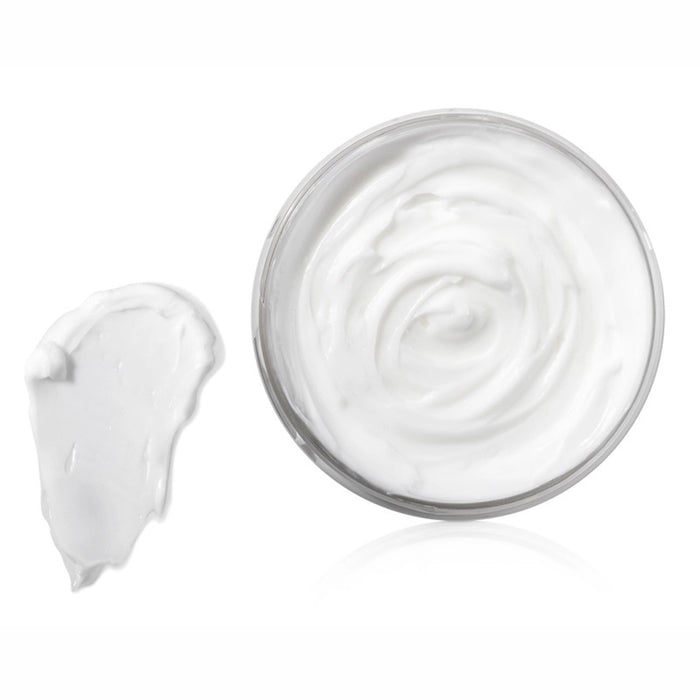 Old Whaling Company Spearmint and Eucalyptus scented body butter with shea butter and aloe in white and green 8 ounce tub, lid off with a product smear beside the tub to show texture.