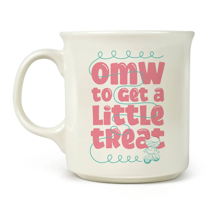 White mug with pink text that says "omw to get a little treat" and girl on scooter graphic on a white background.
