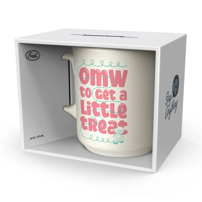 Mug with text 'OMW to get a little treat' in white box packaging.