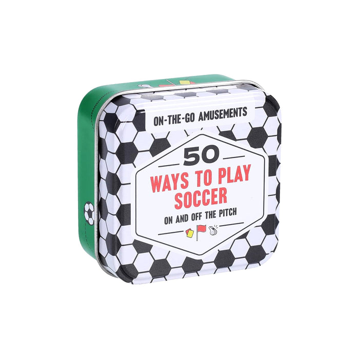 Tin box with soccer design and text '50 Ways to Play Soccer' on a white background.