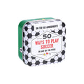 Tin box with soccer design and text '50 Ways to Play Soccer' on a white background.