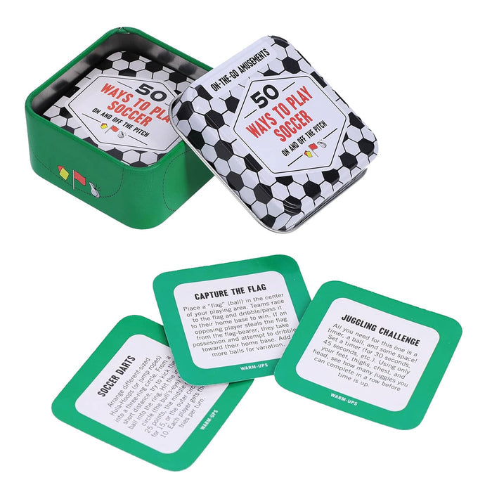 Soccer-themed cards and a green tin with lid, on a white background.