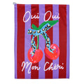 Purple and red striped cotton tea towel with cherries and leopard print bow, featuring text 'Oui Oui Mon Chéri', flat on a white background.