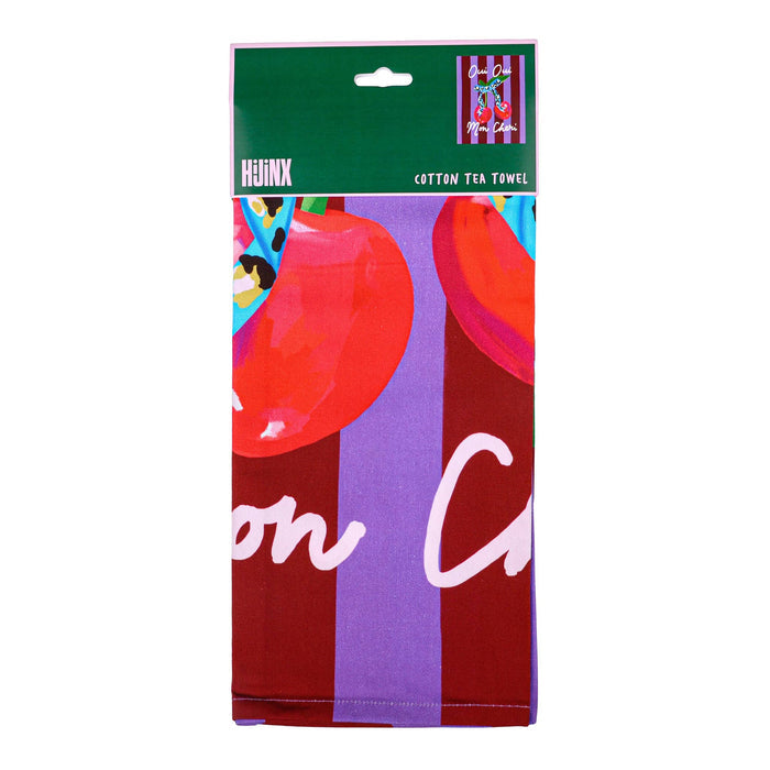 Packaged tea towel with cherris design and 'Hijinx' branding, front view, on a white background.