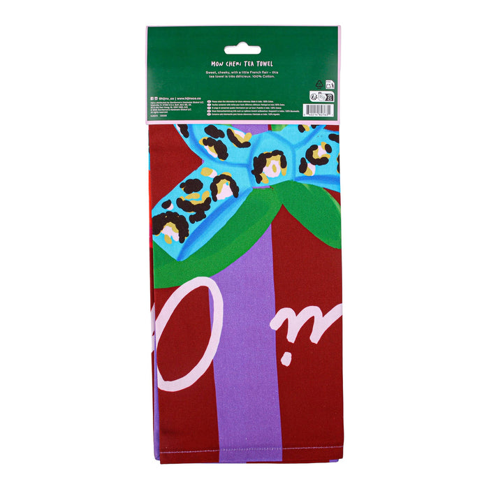 Packaged tea towel with cherris design and 'Hijinx' branding, back view, on a white background.