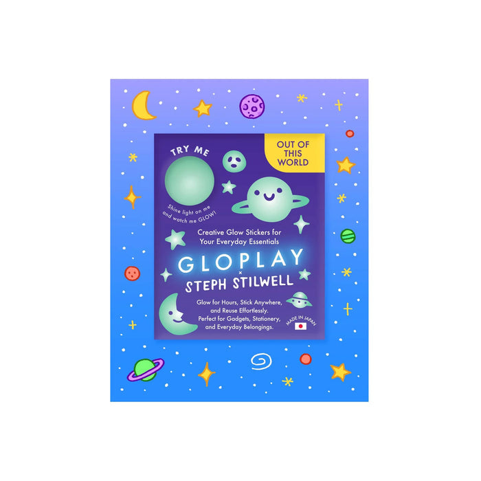Front of 'Gloplay x Steph Stilwell' glow in the dark space-themed stickers packaging, on a white background.