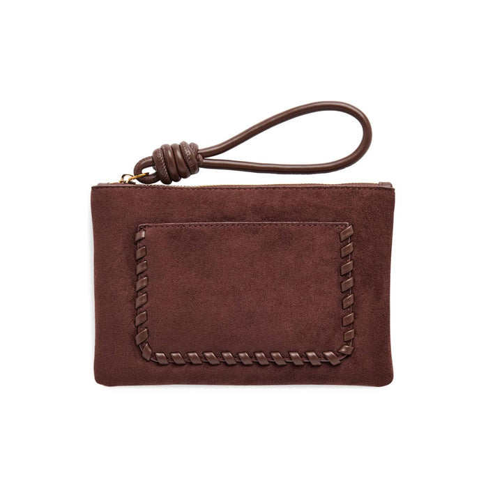 A dark brown vegan suede pouch wallet with a front whipstitched pocket and a knotted leather wristlet strap, front view shown on a plain white background.