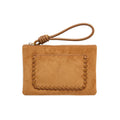 A tan vegan suede pouch wallet with a front whipstitched pocket and a knotted leather wristlet strap, front view shown on a plain white background.