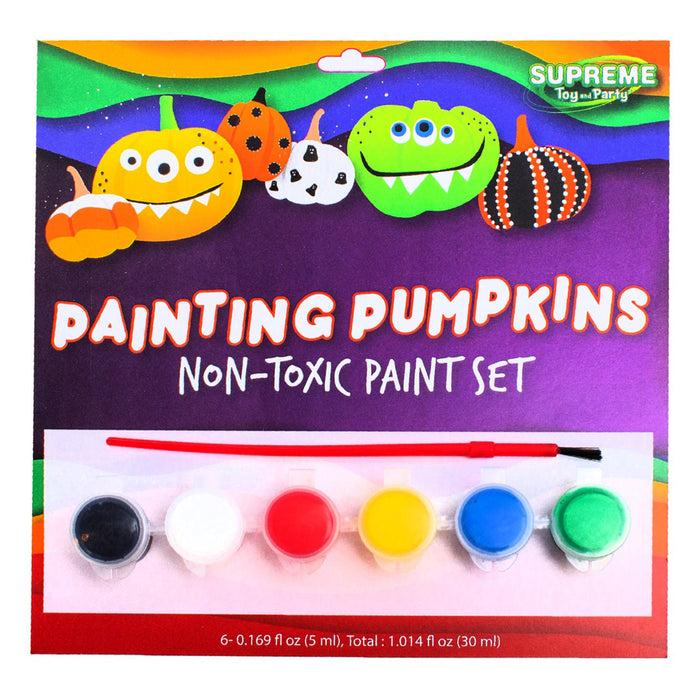 Seasonal Distribution Halloween Painting Pumpkins Non-Toxic Paint Set with 6 paint pots and a brush in packaging.