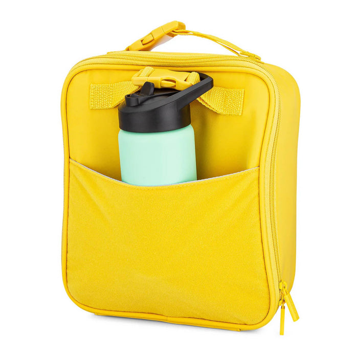 Yellow rectangular soft-sided lunch box with buckle, front view with green water bottle in front pocket, on a white background.