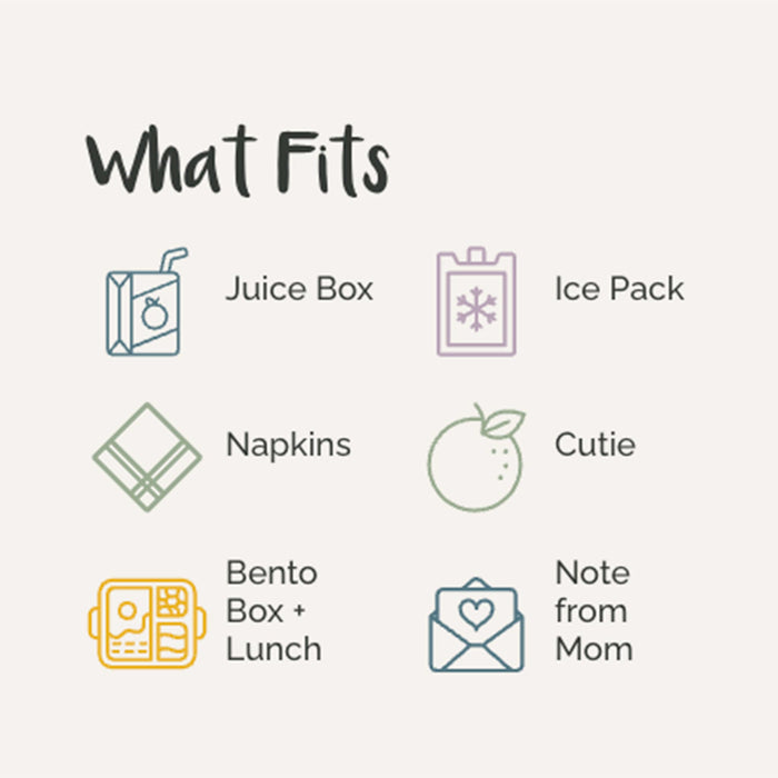 Icons and text listing items that fit into a parker kids lunch box, including juice box, ice pack, napkins, cutie, bento box, and note from mom.