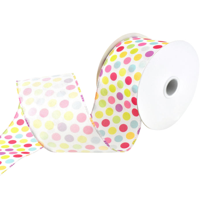 Pastel Polka Dots Faux Linen Wired Ribbon, 2-1/2-Inch, 10-Yard
