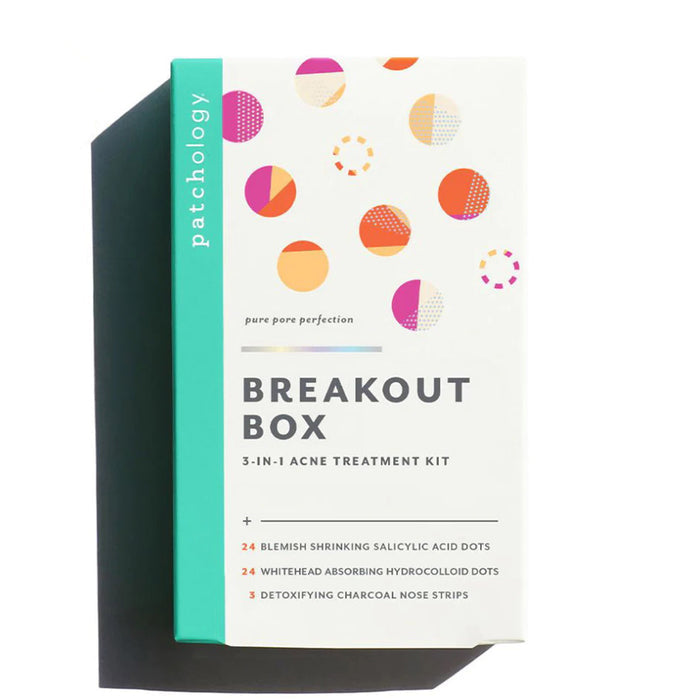 Patchology Breakout Box 3-in-1 Acne Treatment Kit in box packaging, front view.