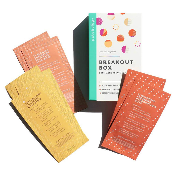 Patchology Breakout Box 3-in-1 Acne Treatment Kit contents with box packaging.