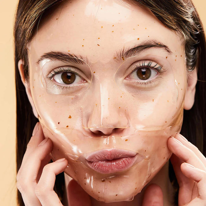 Patchology Chill Mode Hydrogel Calming Face Mask on model.