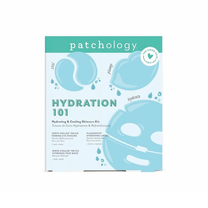 Patchology Hydration 101 skincare kit packaging on a white background.