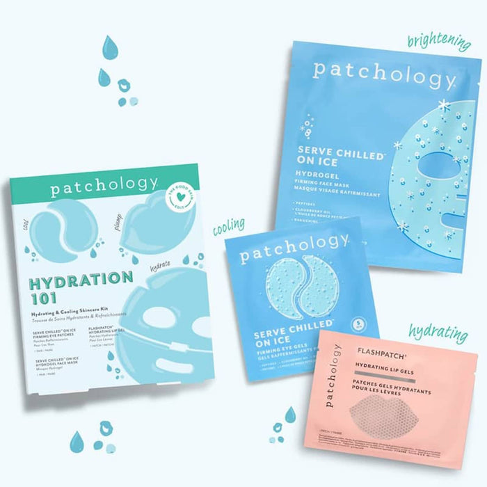 Collection of Patchology skincare products on a light blue background.