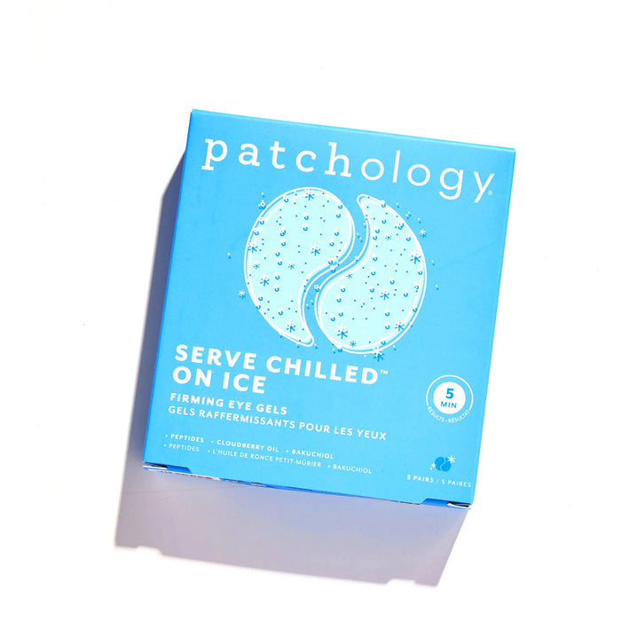 Patchology Serve Chilled on Ice Firming Eye Gels in blue box packaging, set of 5 pairs.