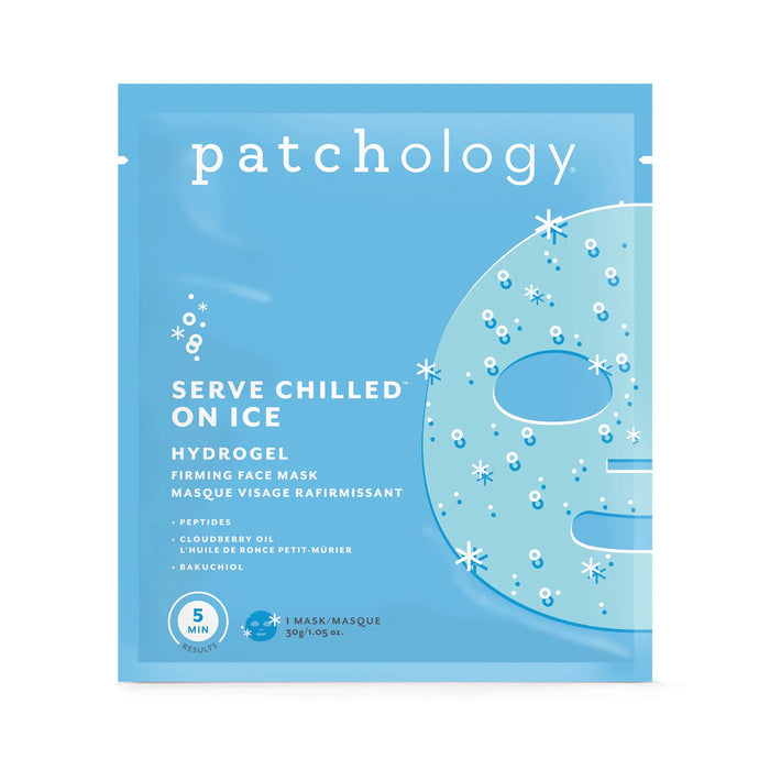 Patchology Serve Chilled on Ice Hydrogel Firming Face Mask in blue pouch packaging.