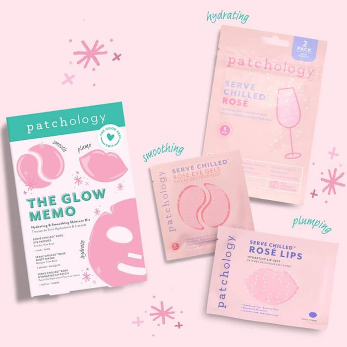 Patchology skincare masks with product names and descriptions on a light pink background.
