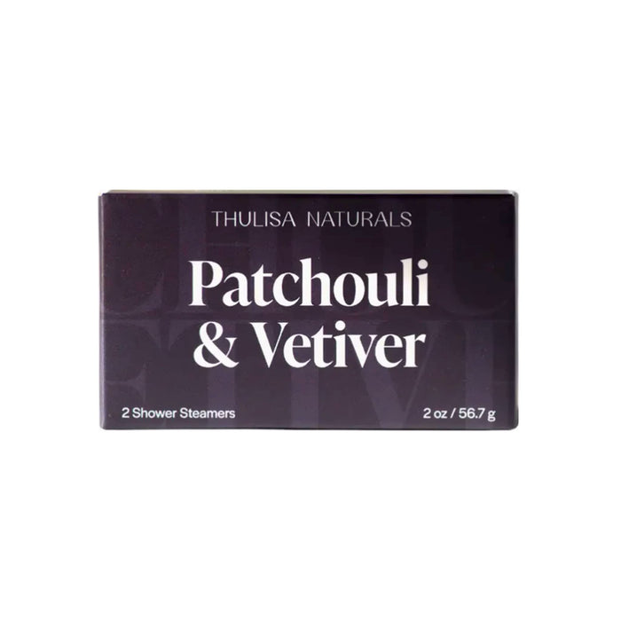 Thulisa Naturals Patchouli and Vetiver scented shower steamers in packaging on a white background.