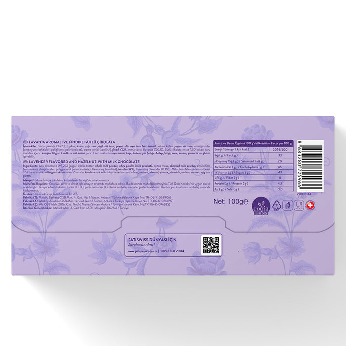 Patiswiss Lavender Flavored & Hazelnut Milk Chocolate brings together smooth milk chocolate, delicate lavender aroma, and crunchy hazelnuts for a refined flavor experience inspired by Türkiye.