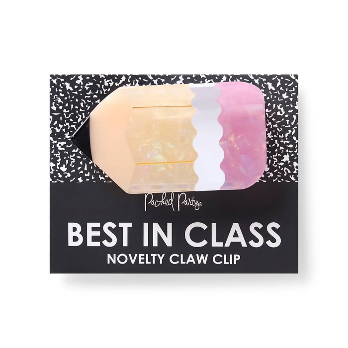 Novelty pencil-shaped claw clip on card packaging with 'Best in Class' text, on a plain white background.