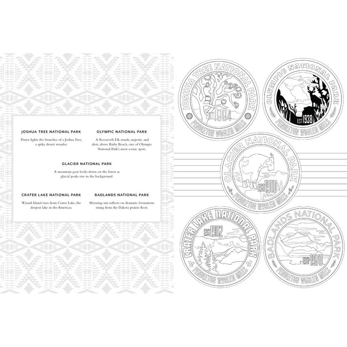 Sample pages from the Pendleton Coloring Book featuring the National Park seals.