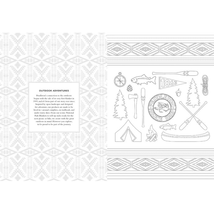 Sample pages from the Pendleton Coloring Book featuring Outdoor Adventures icons.