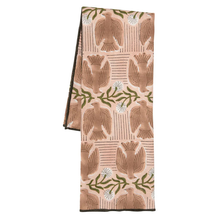 Peregrine block print dishtowel with bird pattern, folded, on a white background.