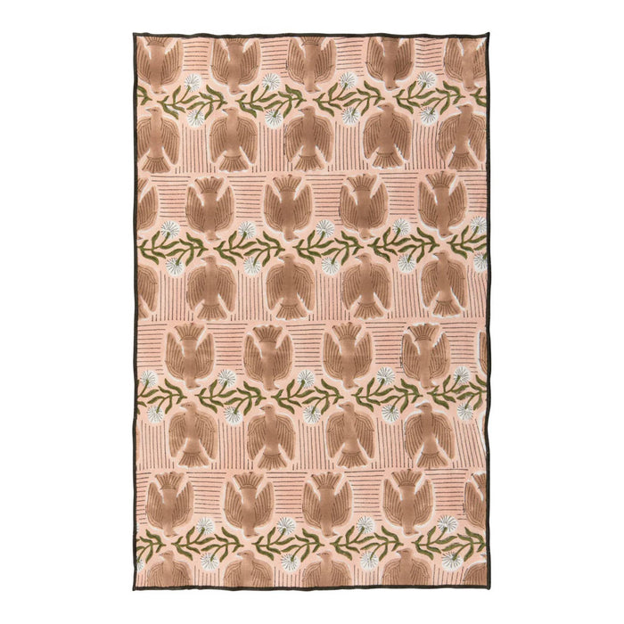 Peregrine block print dishtowel with bird pattern, flat, on a white background.