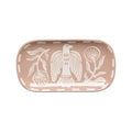 Rectangular ceramic tray in dusty pink with Peregrine design in white, on a white background.