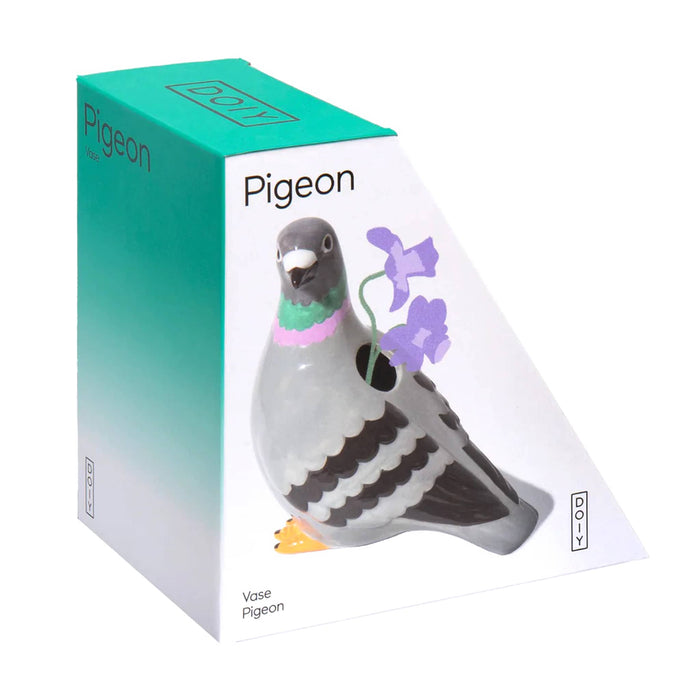 Ceramic pigeon vase in box packaging, front angle view on a white background.