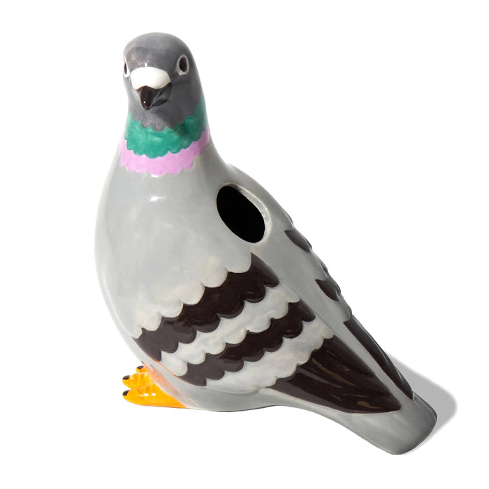 Ceramic pigeon vase front view on a white background.