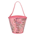 Front view of a pink bucket bag with a clear sleeve with multicolor sequins, featuring a pink fabric handle and trim, shown against a plain white background.