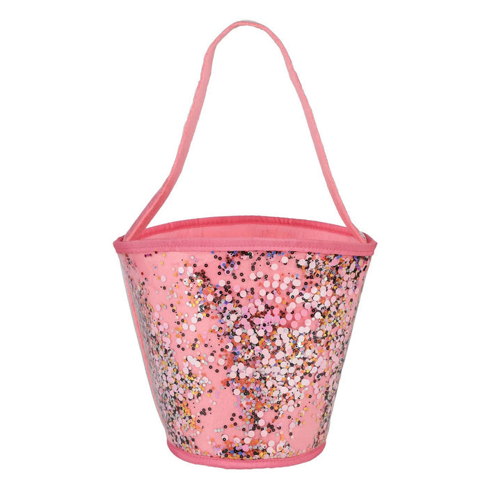 Front view of a pink bucket bag with a clear sleeve with multicolor sequins, featuring a pink fabric handle and trim, shown against a plain white background.