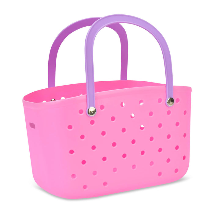 Pink perforated basket with purple handles, front angle view, on a white background.