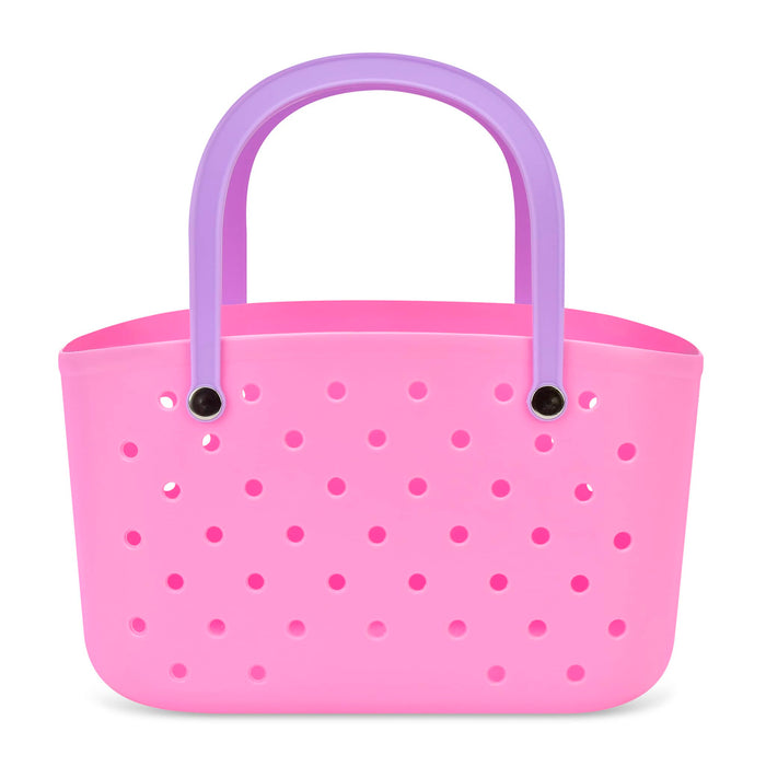 Pink perforated basket with purple handles, front view, on a white background.