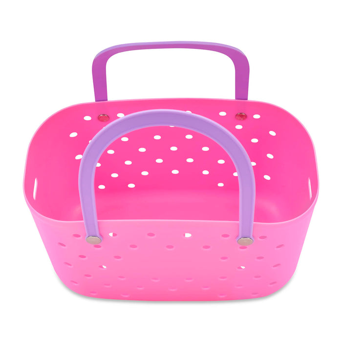 Pink perforated basket with purple handles, overhead view, on a white background.