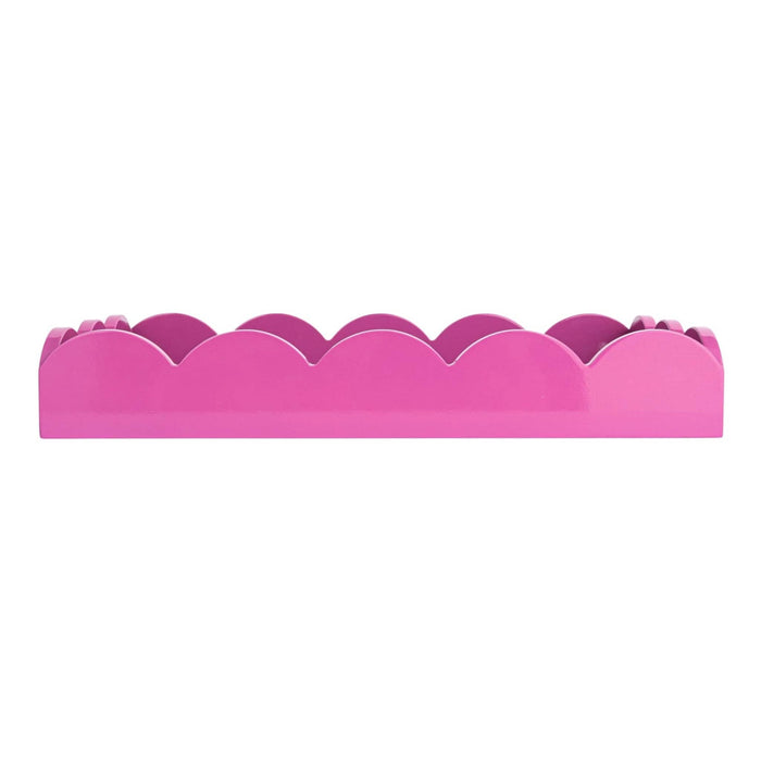Creative Co-op MDF fuchsia lacquered rectangular scalloped serving tray, front view.