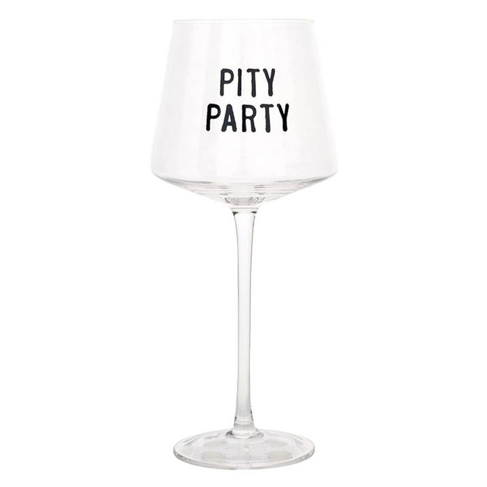 Wine glass with 'PITY PARTY' text on a white background.
