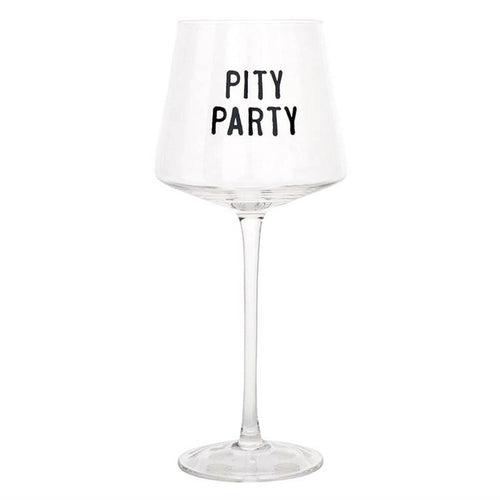 Wine glass with 'PITY PARTY' text on a white background.