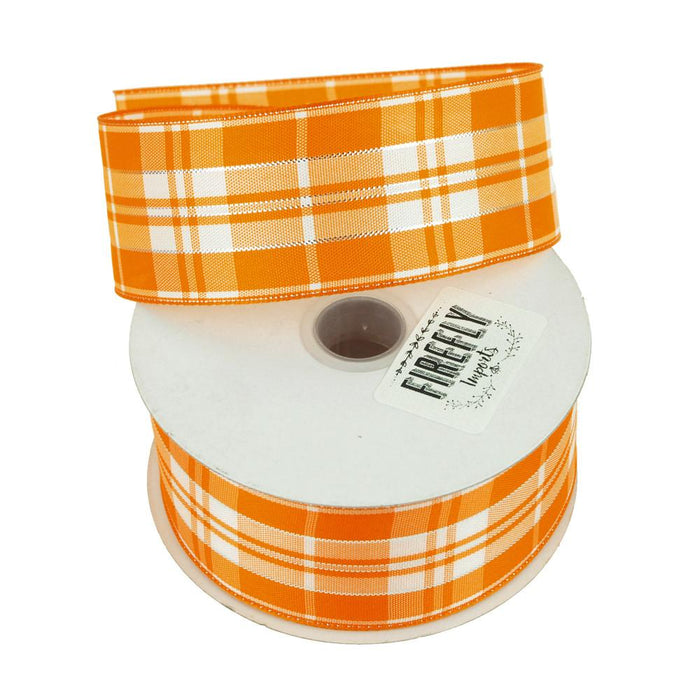 Plaid Checkered Holiday Christmas Ribbon Wired Edge, 1-1/2-Inch, 10 Yards, Orange