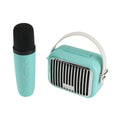 Wireless Express Pocket Karaoke wireless microphone and speaker in teal, slight overhead view.