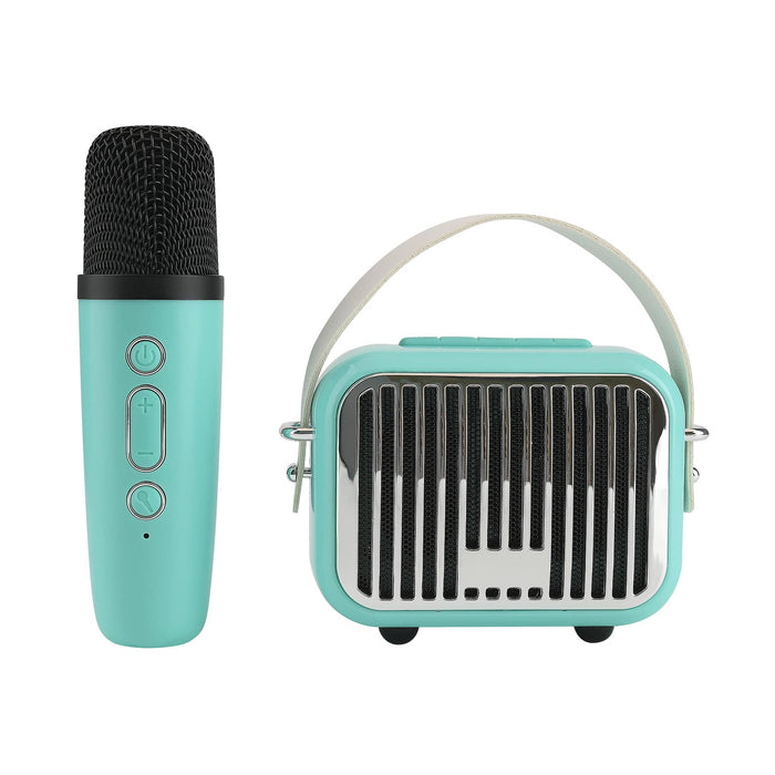 Wireless Express Pocket Karaoke wireless microphone and speaker in teal, front view.
