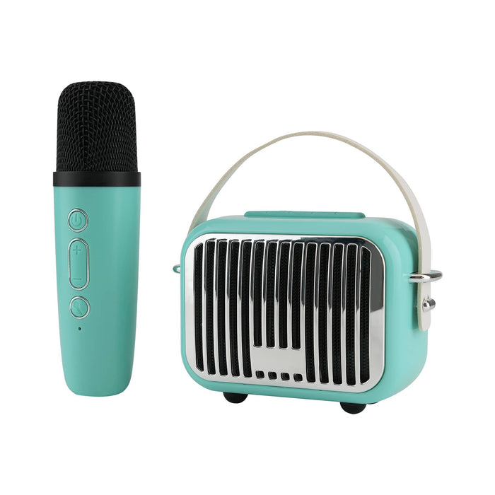 Wireless Express Pocket Karaoke wireless microphone and speaker in teal, front angle view.