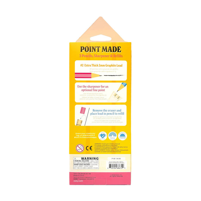 Point Made 3-pack of mechanical pencils, sharpener, and refills, in its original yellow and pink cardboard packaging, back shown against a plain white background.