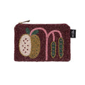 A small rectangular beaded pouch with a gold zipper, featuring a botanical design of two seed pods and pink stems on a dark burgundy background. A small black tag with white letters 'ds' is attached to the right side.