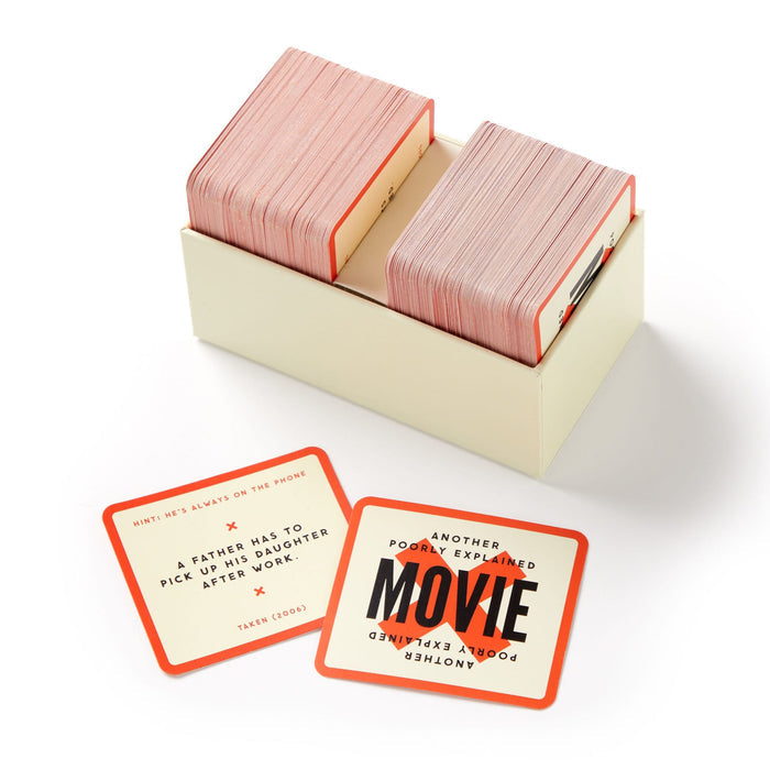 Chronicle Brass Monkey Poorly Explained Movies game in packaging with lid off and sample cards in front.
